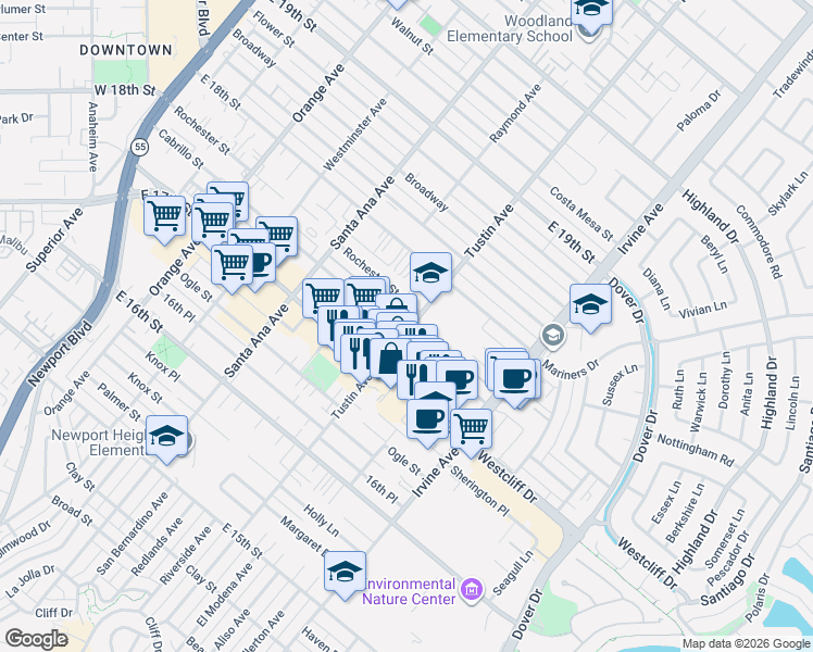 map of restaurants, bars, coffee shops, grocery stores, and more near 410 Cabrillo Street in Costa Mesa