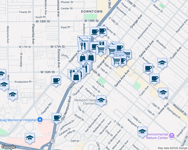map of restaurants, bars, coffee shops, grocery stores, and more near 226 Knox Place in Costa Mesa