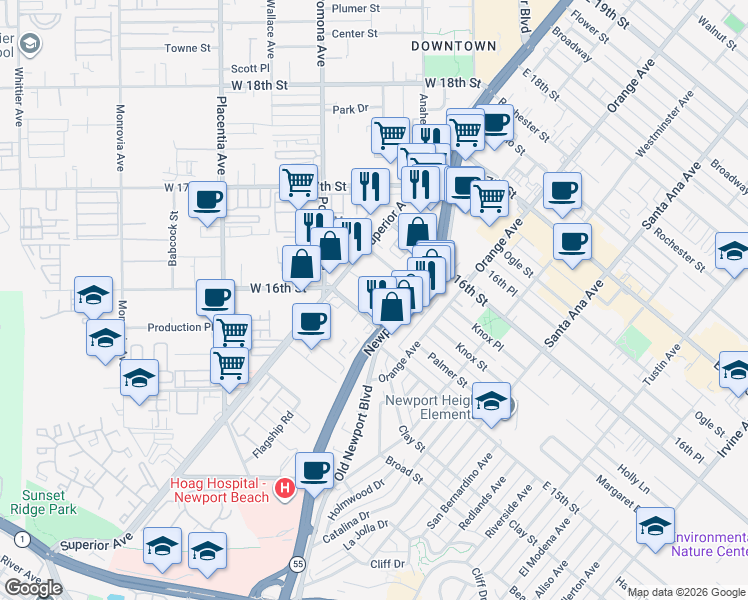 map of restaurants, bars, coffee shops, grocery stores, and more near in Costa Mesa