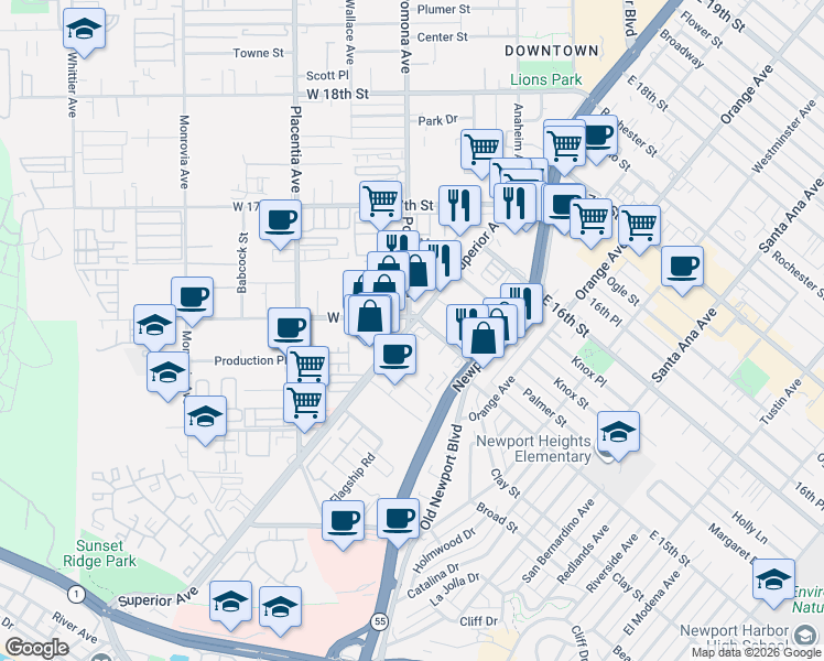 map of restaurants, bars, coffee shops, grocery stores, and more near 592 Superior Ave in Newport Beach