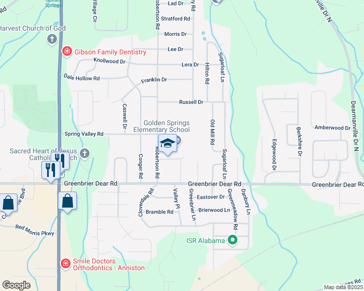 map of restaurants, bars, coffee shops, grocery stores, and more near 100 Feary Drive in Anniston