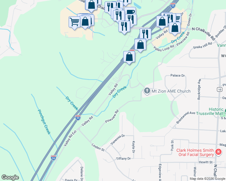 map of restaurants, bars, coffee shops, grocery stores, and more near 4401 Valley Road in Birmingham
