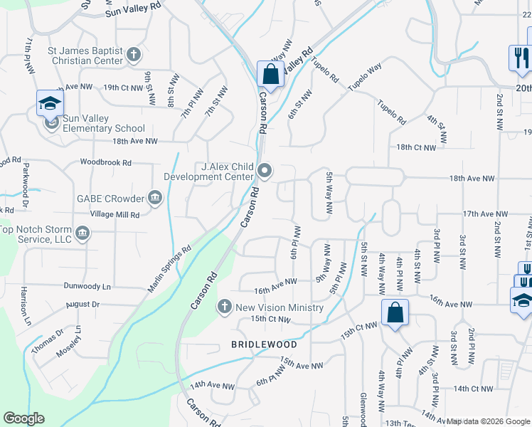 map of restaurants, bars, coffee shops, grocery stores, and more near 621 17th Avenue Northwest in Center Point