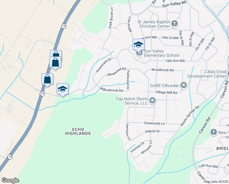 map of restaurants, bars, coffee shops, grocery stores, and more near 1033 Willowbrook Road in Birmingham