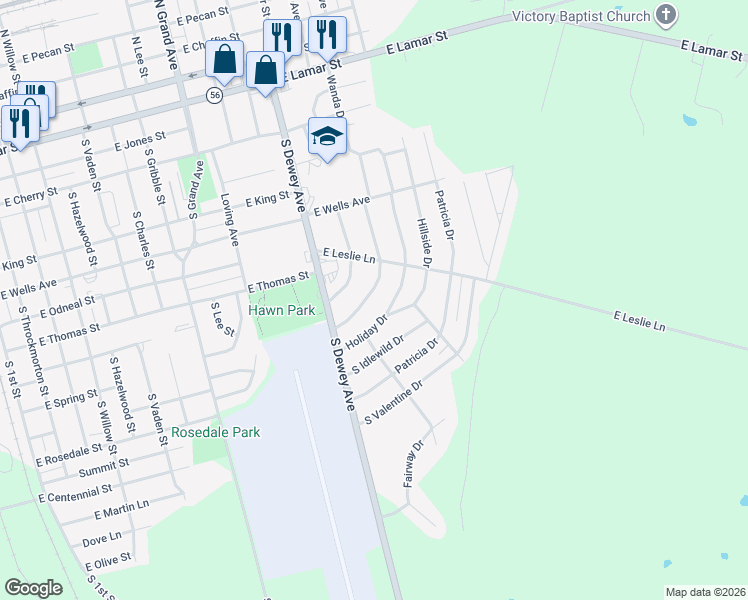 map of restaurants, bars, coffee shops, grocery stores, and more near 909 South Andrews Avenue in Sherman