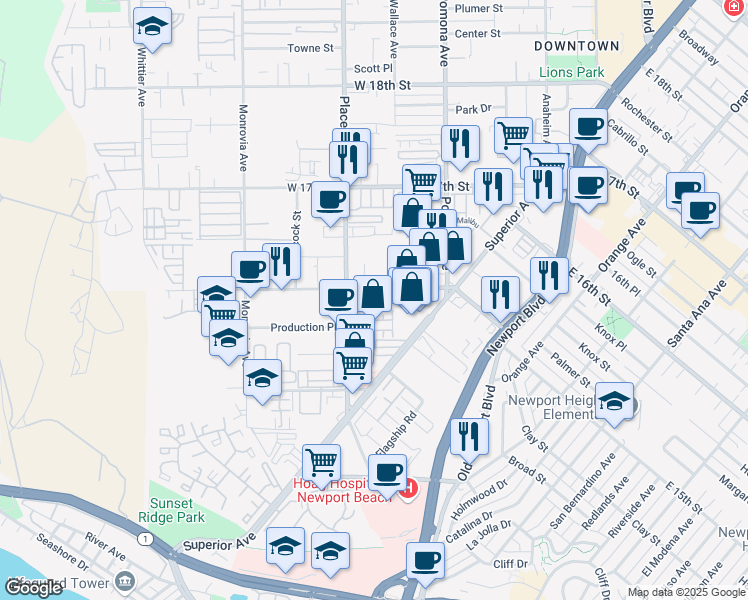 map of restaurants, bars, coffee shops, grocery stores, and more near 64 Ebb Tide Circle in Newport Beach