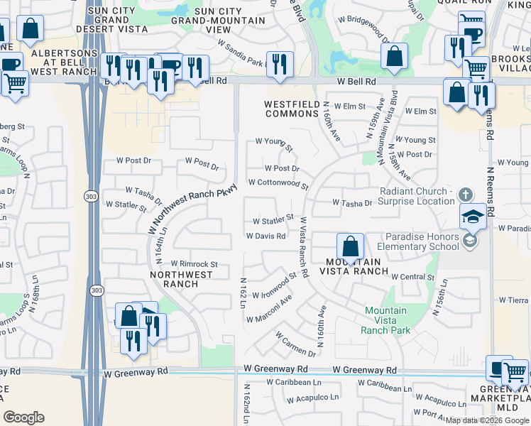 map of restaurants, bars, coffee shops, grocery stores, and more near 16215 North 162nd Drive in Surprise