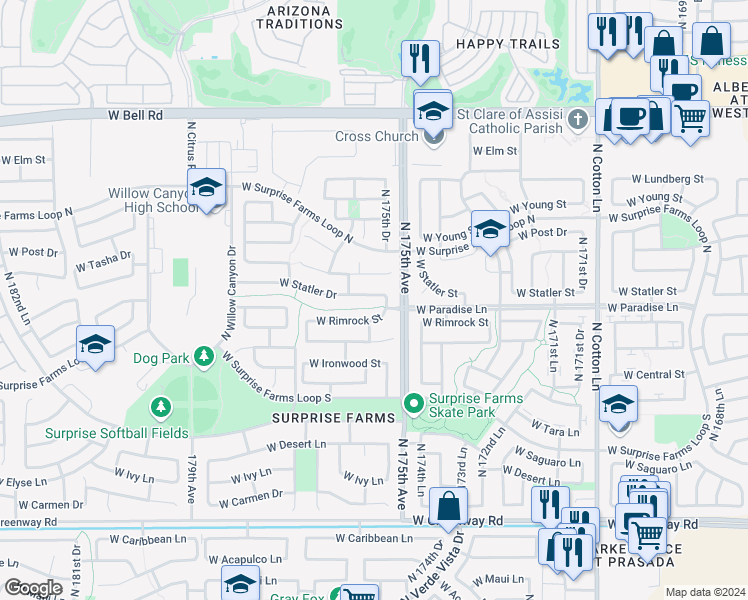 map of restaurants, bars, coffee shops, grocery stores, and more near 17549 West Statler Drive in Surprise