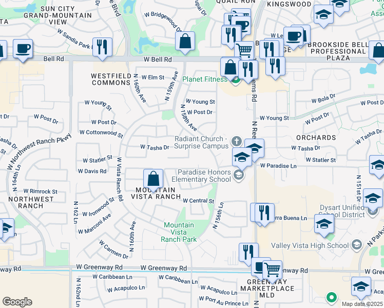 map of restaurants, bars, coffee shops, grocery stores, and more near 16215 North 158th Avenue in Surprise