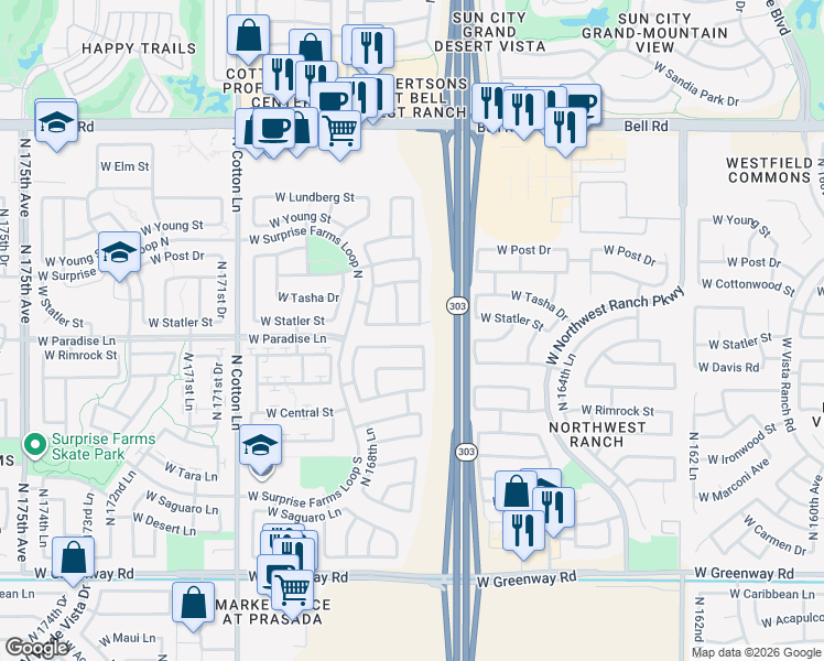 map of restaurants, bars, coffee shops, grocery stores, and more near 16819 West Statler Street in Surprise