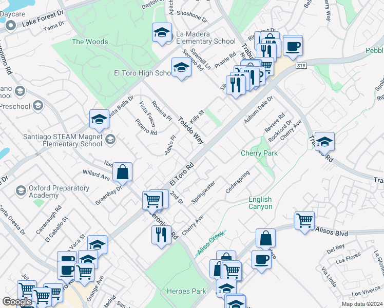map of restaurants, bars, coffee shops, grocery stores, and more near 22792 Malaga Way in Lake Forest