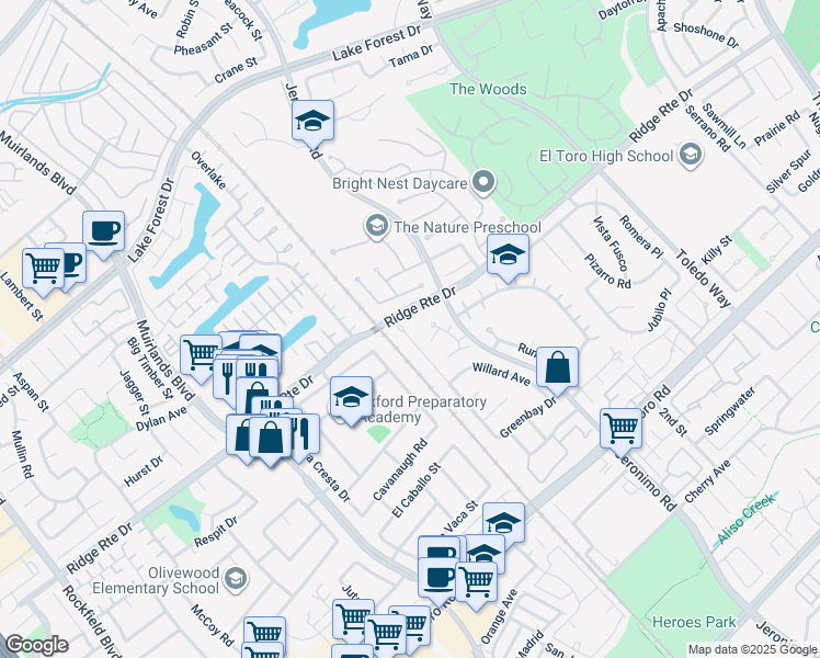 map of restaurants, bars, coffee shops, grocery stores, and more near 22802 Belquest Drive in Lake Forest