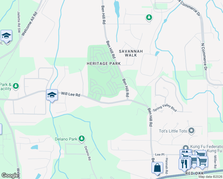 map of restaurants, bars, coffee shops, grocery stores, and more near 4693 Highpoint Lane in College Park