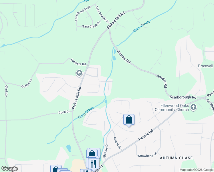 map of restaurants, bars, coffee shops, grocery stores, and more near 4909 Brookstone Place in Ellenwood