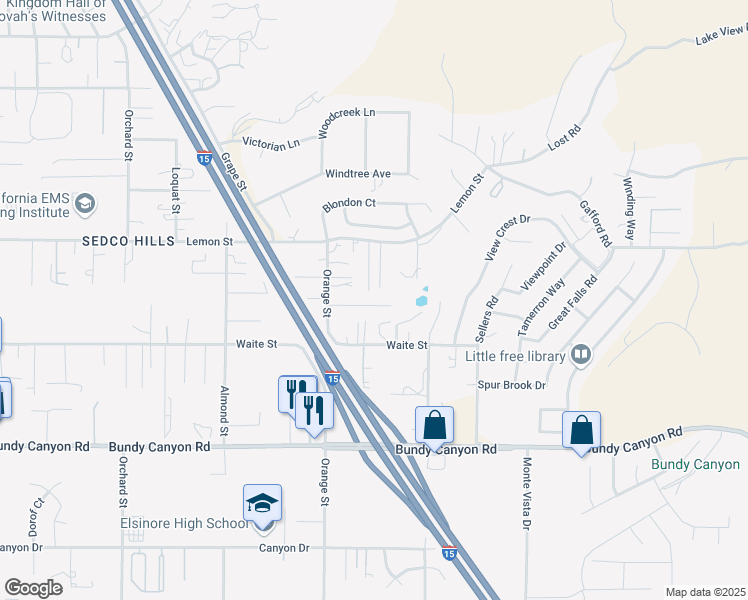 map of restaurants, bars, coffee shops, grocery stores, and more near 22162 Valley Terrace in Wildomar