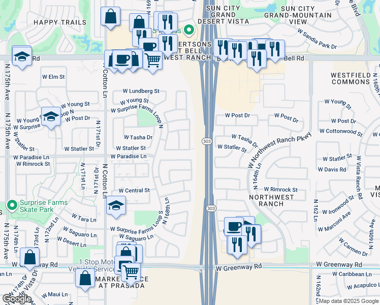 map of restaurants, bars, coffee shops, grocery stores, and more near 16807 West Statler Street in Surprise