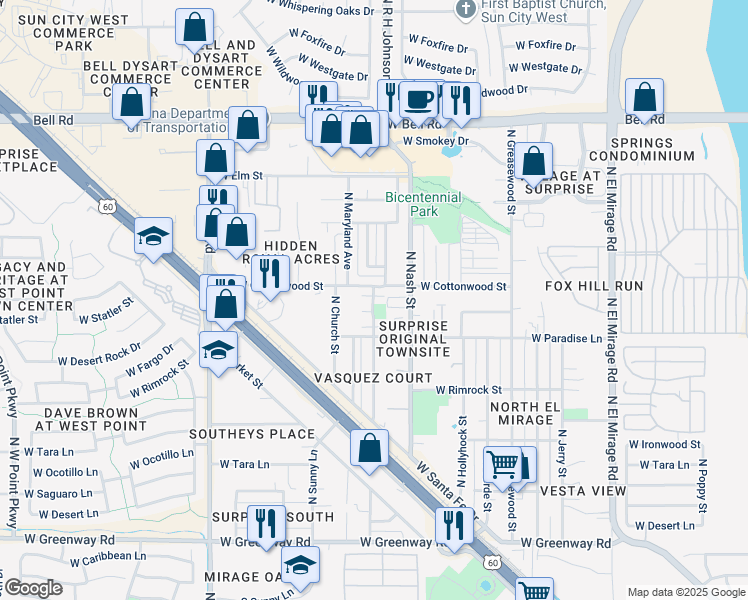 map of restaurants, bars, coffee shops, grocery stores, and more near 16310 North Desert Sage Drive in Surprise