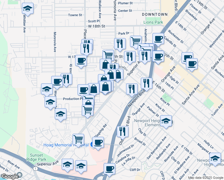 map of restaurants, bars, coffee shops, grocery stores, and more near 501 Superior Avenue in Newport Beach