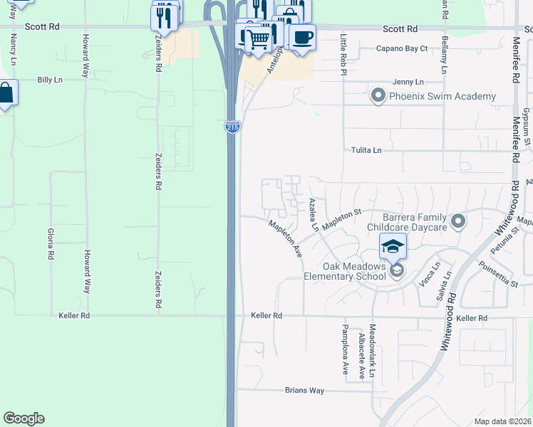 map of restaurants, bars, coffee shops, grocery stores, and more near 33600 Mapleton Avenue in Murrieta