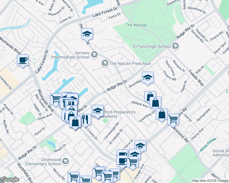 map of restaurants, bars, coffee shops, grocery stores, and more near 22802 Belquest Drive in Lake Forest