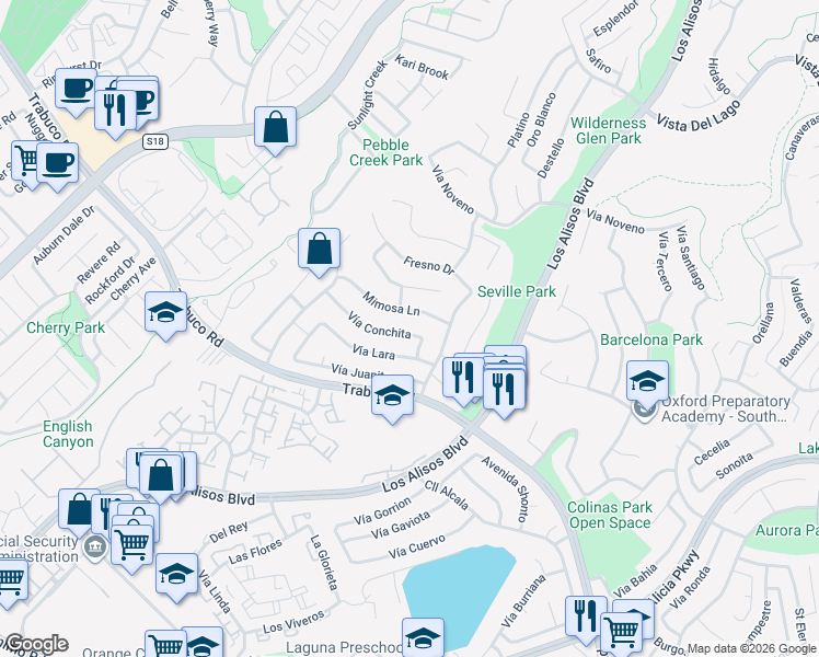 map of restaurants, bars, coffee shops, grocery stores, and more near 26511 Vía Conchita in Mission Viejo