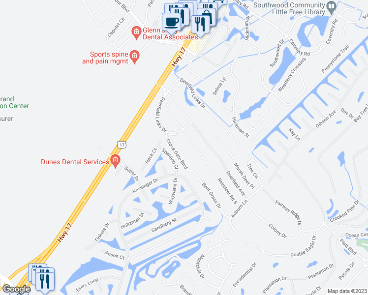 map of restaurants, bars, coffee shops, grocery stores, and more near 2050 Cross Gate Boulevard in Myrtle Beach