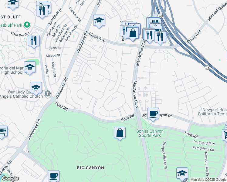 map of restaurants, bars, coffee shops, grocery stores, and more near 8 Gleneagles Drive in Newport Beach