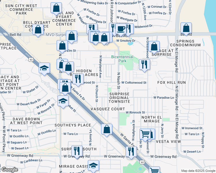 map of restaurants, bars, coffee shops, grocery stores, and more near 16310 North Desert Sage Drive in Surprise