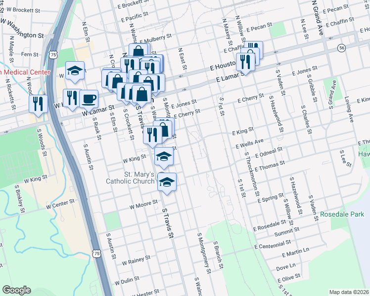 map of restaurants, bars, coffee shops, grocery stores, and more near 625 South Montgomery Street in Sherman