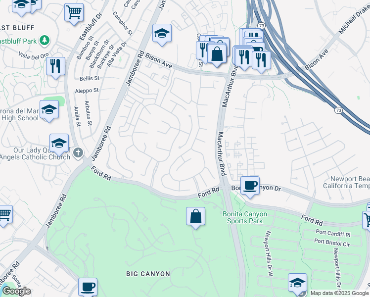 map of restaurants, bars, coffee shops, grocery stores, and more near 8 Gleneagles Drive in Newport Beach