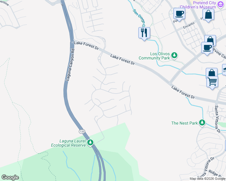 map of restaurants, bars, coffee shops, grocery stores, and more near 106 Orchid Terrace in Irvine