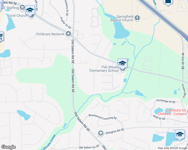 map of restaurants, bars, coffee shops, grocery stores, and more near Kings Forest Drive Southeast in Rockdale County