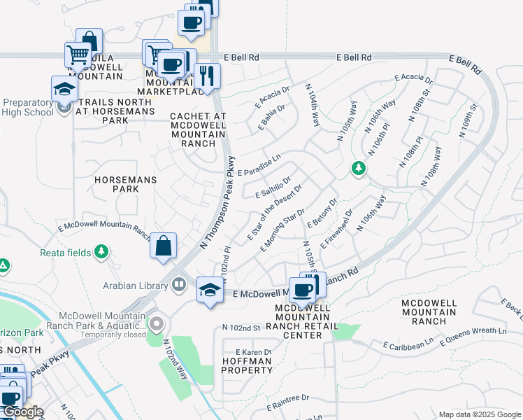 map of restaurants, bars, coffee shops, grocery stores, and more near 10361 East Star of the Desert Drive in Scottsdale