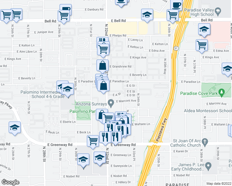 map of restaurants, bars, coffee shops, grocery stores, and more near 15843 North 32nd Place in Phoenix