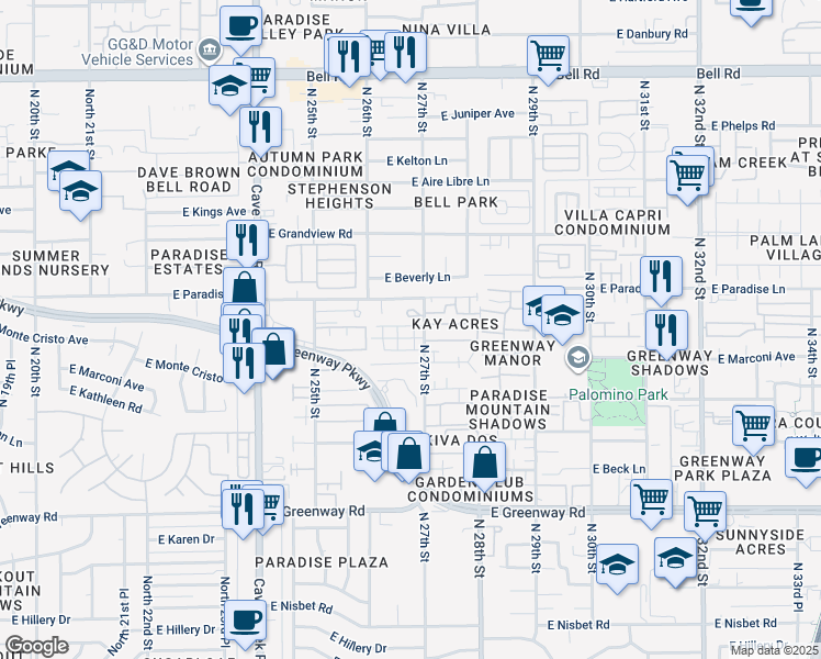 map of restaurants, bars, coffee shops, grocery stores, and more near 16006 North 27th Street in Phoenix