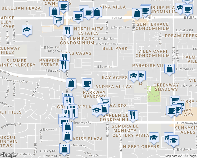 map of restaurants, bars, coffee shops, grocery stores, and more near 2607 East Monte Cristo Avenue in Phoenix