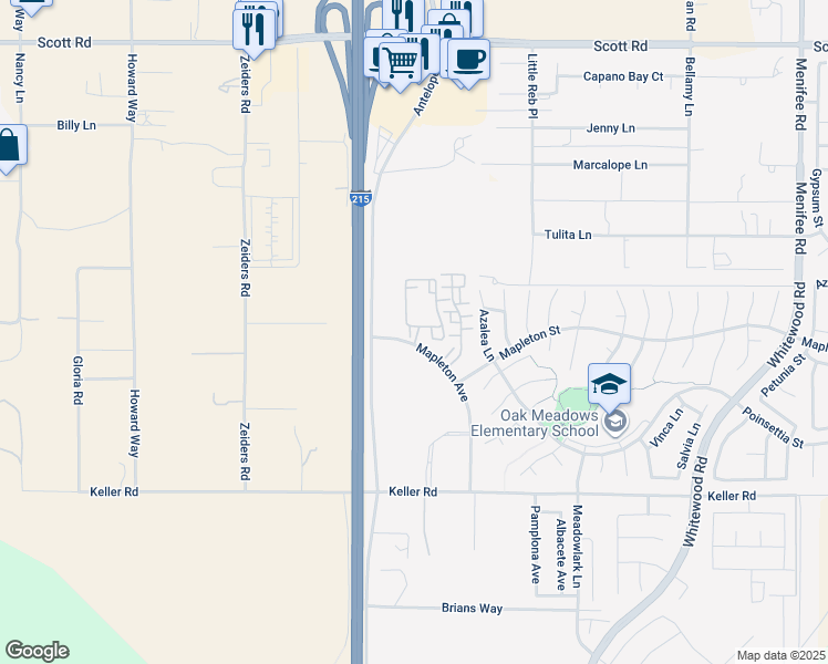 map of restaurants, bars, coffee shops, grocery stores, and more near 33600 Mapleton Avenue in Murrieta