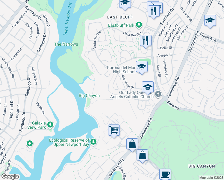 map of restaurants, bars, coffee shops, grocery stores, and more near 655 Vista Bonita in Newport Beach