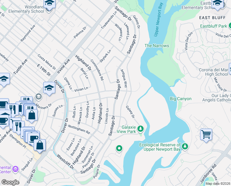 map of restaurants, bars, coffee shops, grocery stores, and more near 1444 Santiago Drive in Newport Beach