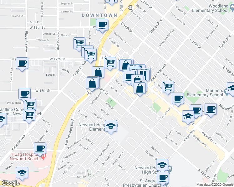 map of restaurants, bars, coffee shops, grocery stores, and more near 248 East 16th Street in Costa Mesa