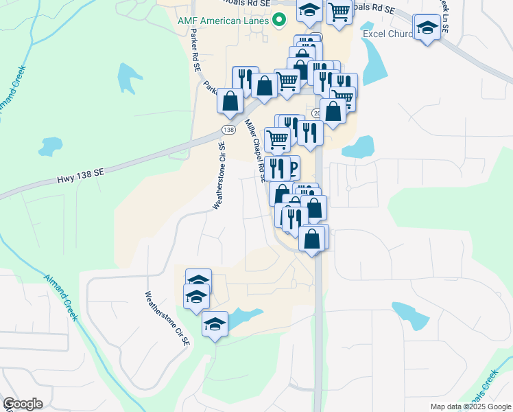 map of restaurants, bars, coffee shops, grocery stores, and more near 2093 Boxwood Circle in Conyers