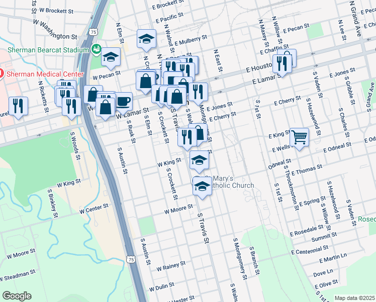 map of restaurants, bars, coffee shops, grocery stores, and more near 603 South Travis Street in Sherman