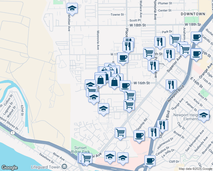 map of restaurants, bars, coffee shops, grocery stores, and more near 858 Production Place in Newport Beach
