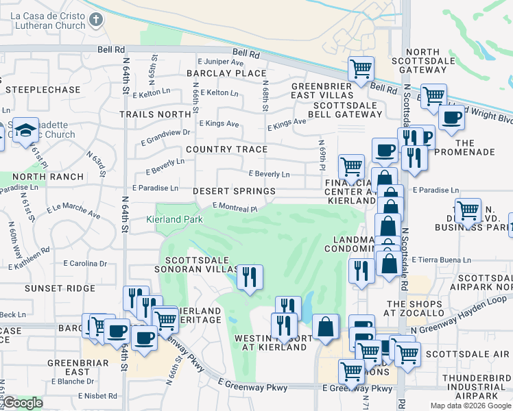 map of restaurants, bars, coffee shops, grocery stores, and more near 6750 East Montreal Place in Scottsdale