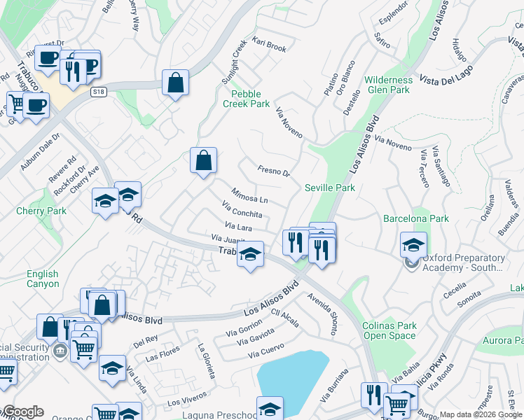 map of restaurants, bars, coffee shops, grocery stores, and more near 26511 Vía Conchita in Mission Viejo