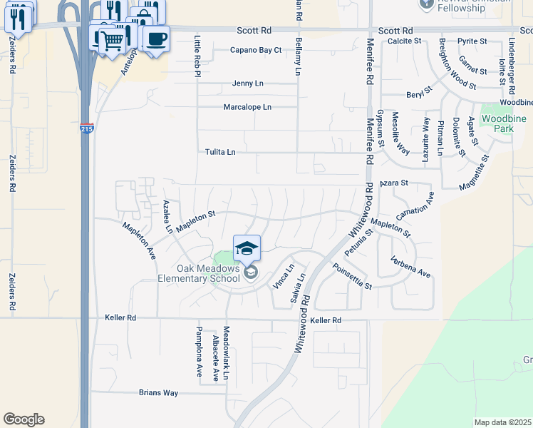 map of restaurants, bars, coffee shops, grocery stores, and more near 33671 Marigold Lane in Murrieta