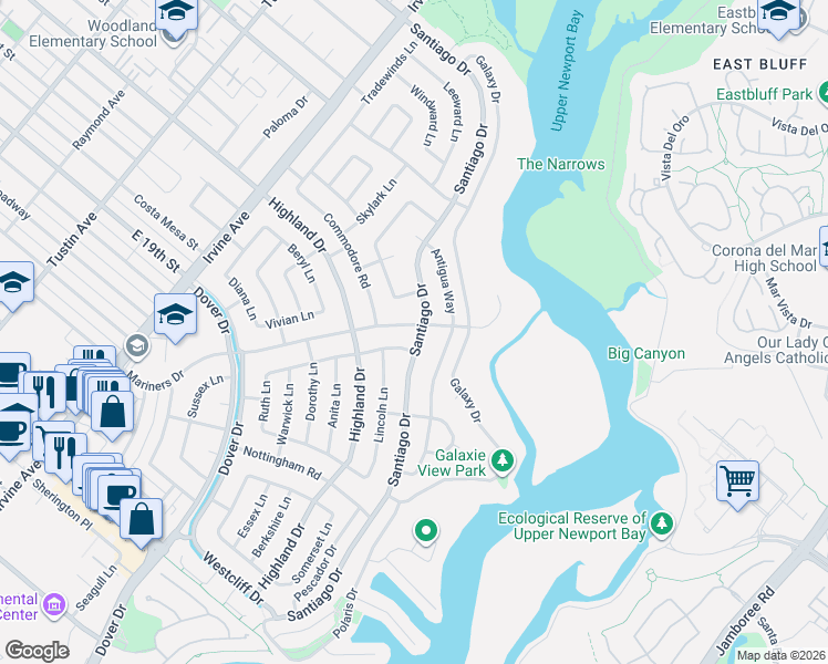 map of restaurants, bars, coffee shops, grocery stores, and more near 1444 Santiago Drive in Newport Beach