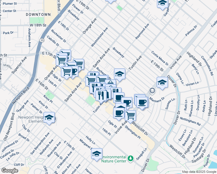 map of restaurants, bars, coffee shops, grocery stores, and more near 1741 Tustin Avenue in Costa Mesa