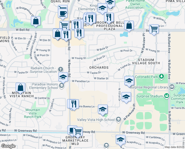 map of restaurants, bars, coffee shops, grocery stores, and more near 15342 West Tasha Drive in Surprise