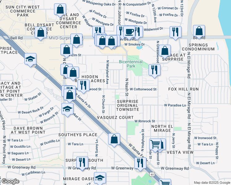 map of restaurants, bars, coffee shops, grocery stores, and more near 16322 North Desert Sage Drive in Surprise